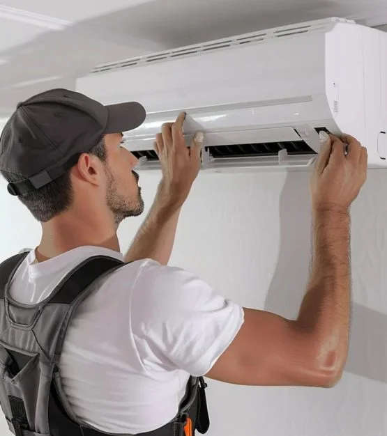 Técnico revisando una unidad interior de aire acondicionado